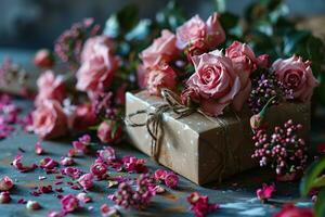 AI generated gift box with roses photo