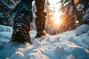 AI generated Winter landscape with snow and people exploring photo