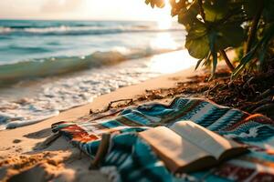 ai generado un libro en un playa con el Oceano en el antecedentes foto