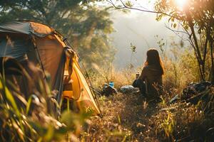 AI generated Photograph of a woman camping in the forest photo