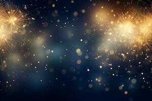 AI generated Abstract gold firework fireworks on dark blue texture with bokeh lights photo