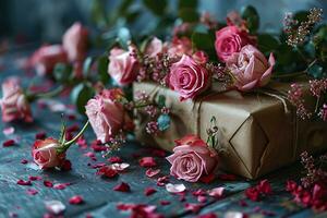 AI generated gift box with roses photo
