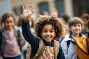 AI generated Elementary school students waving hello photo