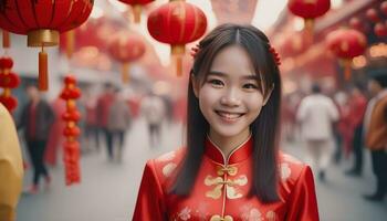 AI generated Image of a young Asian woman wearing a red dress at the Chinese New Year festival photo