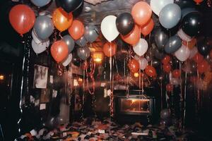 ai generado globos lleno el habitación después el celebracion. foto