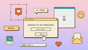 Abstract vintage aesthetic background for newsletter email campaign. Vaporwave desktop template with 80s 90s old computer user interface dialog window and nostalgic retro computer elements. Vector. vector