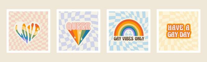 Pride month square cards with rainbow, LGBTQ symbols, phrases and slogans. Set of queer social media post with distorted checkerboard on background. LGBT banner in retro groovy 60s 70s style. Vector. vector