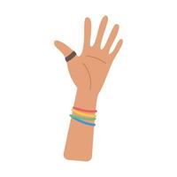 A person waving hand with ring and rainbow colored decoration. Element for Pride Month celebration. Lesbian, Gay, Homosexual Symbol for LGTBQ parade. Vector illustration isolated on white background.