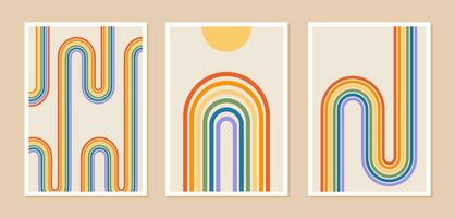 Pride month posters with rainbow and gay vibes phrase in retro groovy 60s 70s style. Set of queer vertical greeting cards with mid century rainbow. Greeting cards with positive rainbow colors. Vector. vector