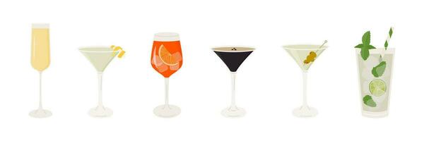 conjunto de clásico cocteles diferente alcohólico bebidas en varios lentes. verano aperitivo adornar con Lima girar, naranja rebanada, aceituna brocheta, cereza. vector ilustración de suave y alcohol bebidas