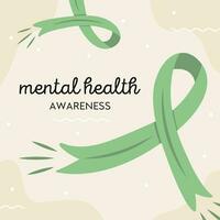 Mental Health Awareness square card. Green ribbon international symbol for mental illnesses. Medical health care banner. Vector illustration in flat style.