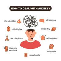 Tips for anxiety. Human head character with nervous problem and confusion of thoughts. Useful advices for anxiety management infographic design. Mental disorder and chaos in consciousness. Vector