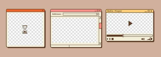 Big set of retro vaporwave desktop browser and dialog window templates. 80s 90s old computer user interface elements and vintage aesthetic icons. Nostalgic retro operating system. Vector illustration.