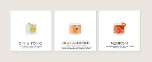 Gin Tonic Cocktail with lime. Old Fashioned on rocks. Negroni with orange twist in glass with ice. Summer aperitif recipe card. Minimalist print with alcoholic beverage on white. Vector illustration.