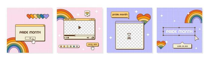 Vaporwave retro futuristic lofi social media post for LGBTQI Pride Month. 80s 90s aesthetic square backgrounds with old computer dialog window and rainbow colored heart. Vector illustration.