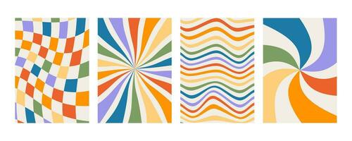 Set of retro groovy prints with rainbow colors. Checkered background with distorted squares. Abstract poster with distortion. 70s geometric psychedelic placard. Minimalistic old-fashioned art design. vector