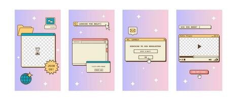 Set of stories templates in vaporwave style. Nostalgic design of social media posts. Retro 80s 90s aesthetic backdrops, groovy backgrounds with old computer user interface. Vector illustration.