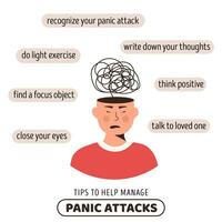 médico infografía póster consejos a ayuda gestionar pánico ataque. útil consejos para mental salud problema. cabeza con nervioso problema sensación ansiedad y estrés vector plano estilo ilustración