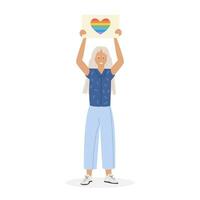 A lesbian in modern dress with pink hair at pride parade holding placard with word Love in rainbow colors. Girl at demonstration for equal rights. LGTB activist. Vector flat cartoon character on white