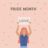 Vector Square Banner with LGBT person holding placard with love word in rainbow colors. LGBTQ symbols. Social media post, story or greeting card on pink. Flat style Illustration for pride month.