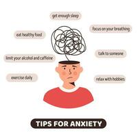 Tips for anxiety. Human head character with nervous problem and confusion of thoughts. Useful advices for anxiety management infographic design. Mental disorder and chaos in consciousness. Vector