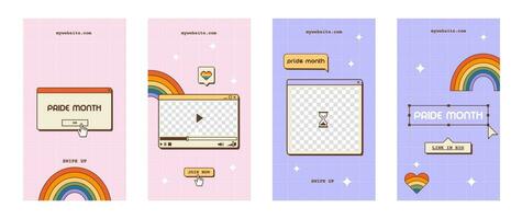 Set of vaporwave retro social media stories for LGBTQ Pride Month. Y2K aesthetic vertical banner or poster. Queer story template with old computer dialog window, rainbow and heart. Vector illustration