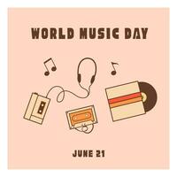 Retro style World Music Day square card, banner design. Vintage music devices, vinyl record disc and cassette tape. Nostalgic old-fashioned vector illustration in flat style.