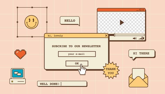 Abstract vintage aesthetic background for newsletter email campaign. Vaporwave desktop template with 80s 90s old computer user interface dialog window and nostalgic retro computer elements. Vector.
