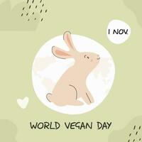 Square greeting card template for World Vegan Day. No animal testing concept. Cute bunny on global with world map. Environment and bio eco organic product concept. Vector flat hand drawn illustration.