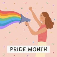 Vector Square Banner with LGBT person holding placard with love word in rainbow colors. LGBTQ symbols. Social media post, story or greeting card on pink. Flat style Illustration for pride month.