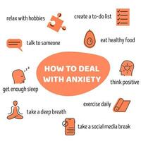 How to deal with anxiety infographic design with colored hand drawn icons. Useful tips and advices for anxiety management. Mental health concept square card or poster. Vector flat style illustration.