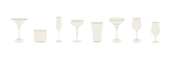 Vector set of cocktail glasses flat icons. Trendy modern simple style of different barware. Empty glassware for bar. Various glass for alcoholic beverages, drinks, juices and smoothies.