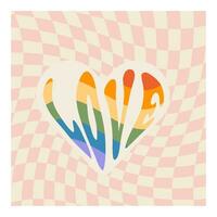 Pride month square card with LGBTQ rainbow colored heart. Social media post design with distorted checkerboard on background. Concept of LGBT love banner in retro groovy style. Vector illustration.