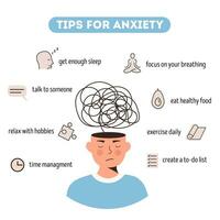 Tips for anxiety. Human head character with nervous problem and confusion of thoughts. Useful advices for anxiety management infographic design. Mental disorder and chaos in consciousness. Vector