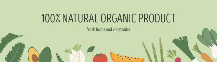 Banner with different colorful vegetables for farmers market menu design. Healthy food. Frame or border with various organic local products horizontal template. Vector flat style illustration.