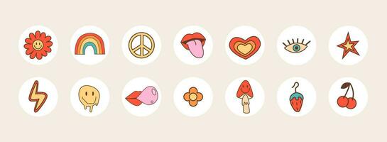 Hippie retro 60s 70s 80s highlights round icons set. Funky positive collection covers for social media insta blog. Vector flat cartoon style illustration.