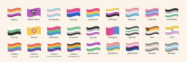 Sexual identity pride flags. Set of LGBT symbols. Infographic of sexual diversity. Gender flag. Gay, transgender, bisexual, asexual, non binary. Collection of Pride parade icons. Vector illustration.