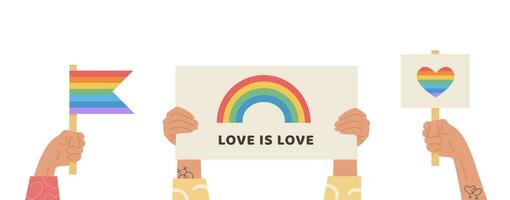 A crowd of people hold transgender and gay flags, placard with lgbt rainbow, signs during pride month celebration. Hands with symbols for LGTBQ parade. Vector illustration isolated on white background