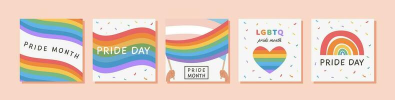 Vector Square Banner Template Set with LGBTQ symbols. Social media post, stories with people hand holding flags and placards. Poster with LGBT rainbow flag. Flat style Illustration for pride month.