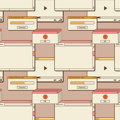 Abstract retro 80s 90s aesthetic groovy backgrounds with old computer user interface, nostalgic elements and stickers. Seamless pattern in vaporwave style. Vector illustration.