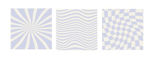 Set of checkerboard, wavy and sun rays backgrounds in pale pastel violet color. Groovy hippie chessboard pattern. Retro 60s 70s psychedelic wavy design. Gingham vector wallpaper collection templates.