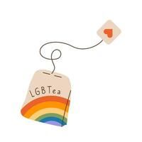 Creative cute sticker for Pride Month Celebration. Tea bag with inscription LGBTea. Graphic element with LGBTQ flag. Vector illustration in flat style isolate on white background.