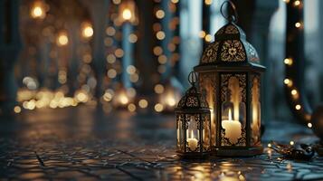 AI generated Serenity of Candles in Decorative Lanterns on Patterned Rug photo