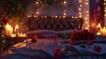 AI generated Fairy Tale Romance with Roses and Soft Candle Glow photo