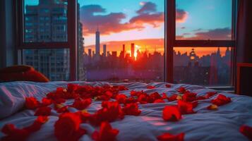 AI generated Romantic Sunset Ambiance with Rose Petals on Bed photo