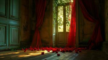 ai generado iluminado por el sol Clásico habitación con rosas esparcido en de madera piso foto