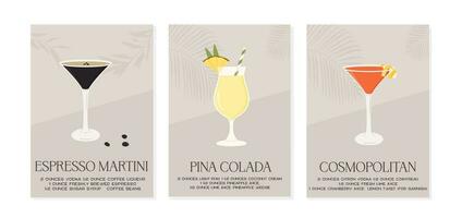Set of summer aperitif recipe minimalist home decor posters. Espresso Martini, Pina Colada and Cosmopolitan in garnished glass with ice. Wall art print with alcoholic beverage. Vector illustration.