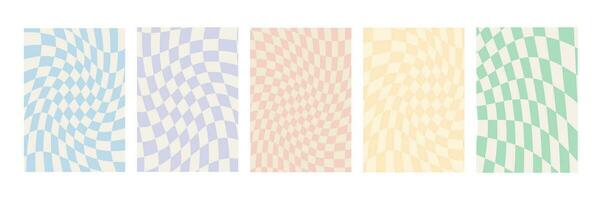 Set of checkerboard backgrounds in pale pastel colors. Groovy hippie chessboard pattern. Retro 60s 70s psychedelic design. Gingham vector wallpaper collection for print templates or textile.