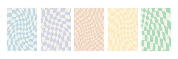 Set of checkerboard backgrounds in pale pastel colors. Groovy hippie chessboard pattern. Retro 60s 70s psychedelic design. Gingham vector wallpaper collection for print templates or textile.