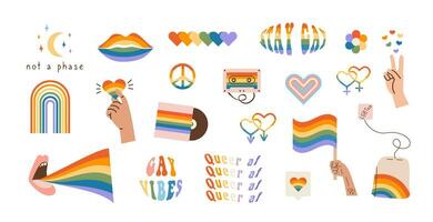 vector conjunto de lgbtq comunidad símbolos con orgullo banderas, género señales, retro arco iris de colores elementos. orgullo mes pegatinas gay desfile maravilloso celebracion. lgbt plano estilo íconos y eslogan recopilación.